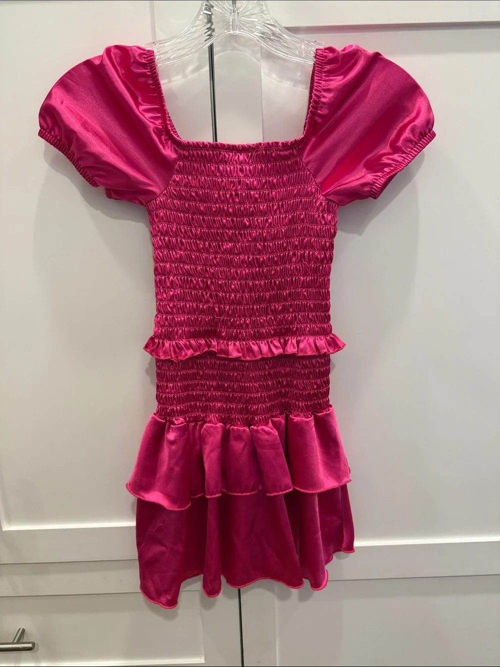 Girls Hot Pink Smocked Dance Dress with Puff Sleeves